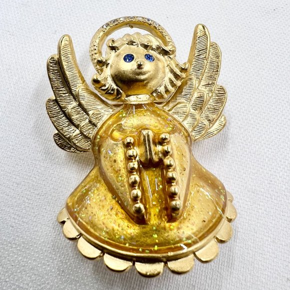 NWOT - Anne Klein - Adorable Enameled Dress Praying Angel Matte Gold Tone Brooch - Picture 8 of 8
